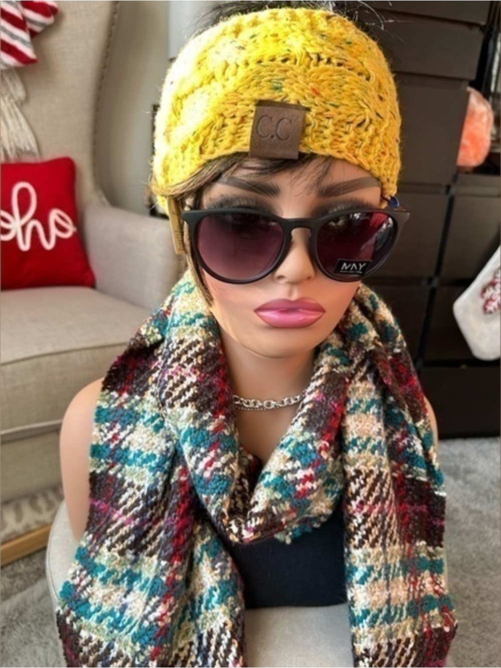 ✨ C.C Yellow Knit Headband with Teal Cream Brown Plaid Scarf